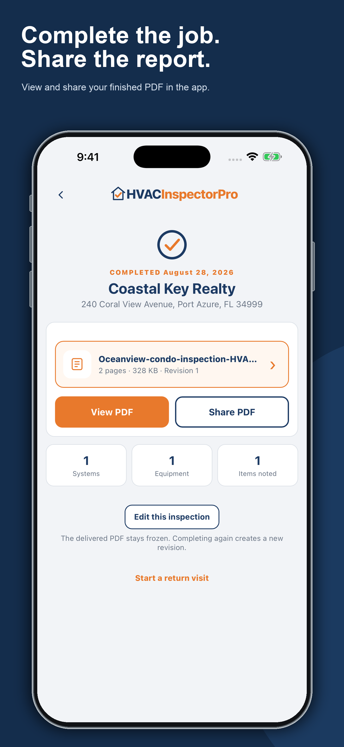 Completed inspection with PDF sharing